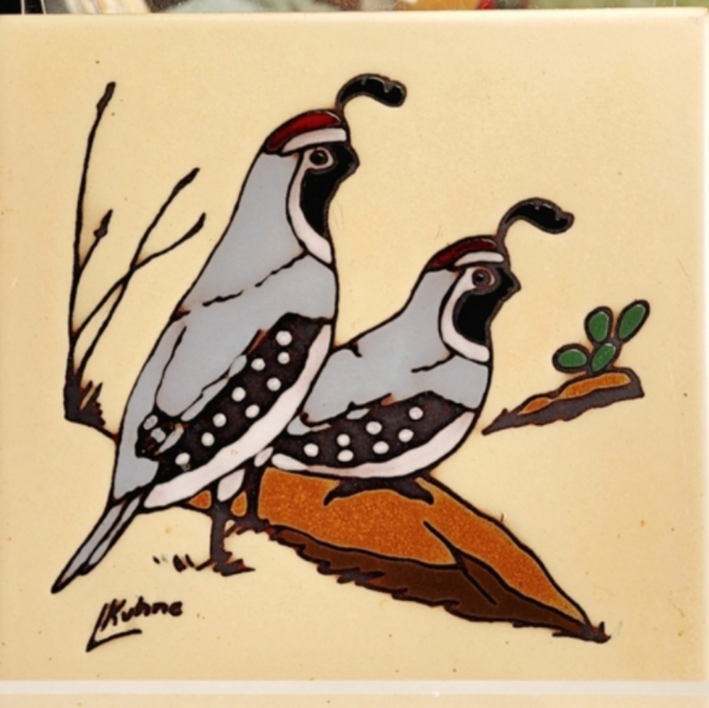 Vintage Earthtones Decorative Art Tile Quail Birds Hand Glazed Leone Kuhne 1990